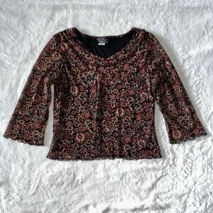 Vintage Y2K New York City Design Co Top‎ Medium Floral Mesh Bell Sleeve Shirt